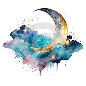 Watercolor sky, moon, gold shiny stars, liquid splashes, splatters pattern background illustration element. Decorative textured