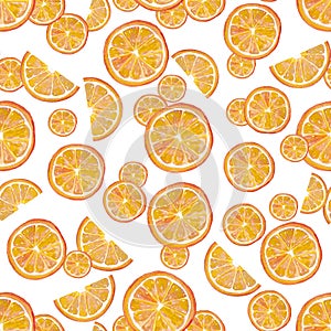 Watercolor slices of orange and lemon in yellow and orange colors. Abstract creative art background with capacity for your letteri