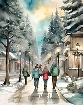 Watercolor Small Town Main Street Family at Christmas