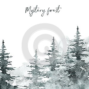 Watercolor snow winter forest landscape background with space for text. pine and spruce trees on white backdrop for Christmas