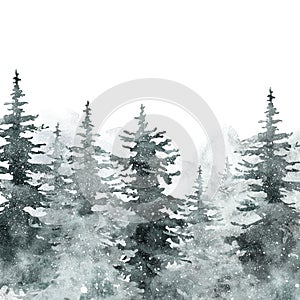 Watercolor snow winter forest landscape background with space for text. Snowy pine and spruce trees on white backdrop photo