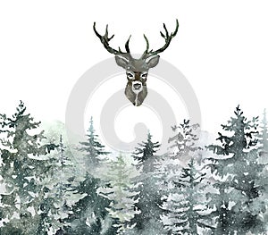 Watercolor snow winter spruce forest landscape and red deer isolated on white background. Christmas illustration