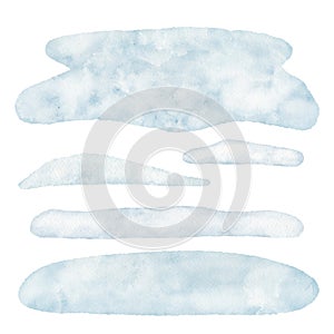 Watercolor snowfrift illustration. Set of hand drawn snowbanks isolated on white background. Abstract snow texture. Winter