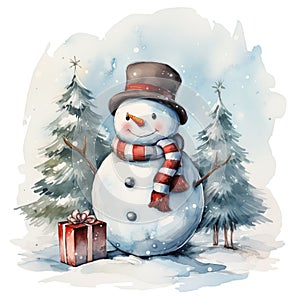 Watercolor of snowman adorned with top hat and striped scarf, standing by wrapped gift amidst snow-covered pine trees