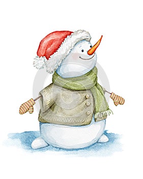 Watercolor Snowman in Santa hat Clipart