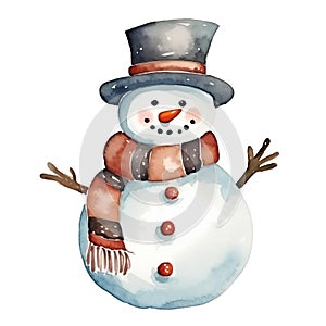 Watercolor snowman with top hat and cozy scarf isolated on white background