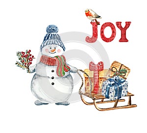 Watercolor snowman with wooden sleigh, gift boxes and cute little bullfinch bird, isolated on white background. Christmas