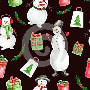 Watercolor snowmen with gift boxes seamless pattern. Hand drawn Christmas illustration with snowman in hat, glows