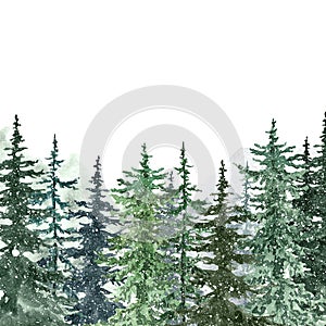 Watercolor snowy pine trees background. Banner with hand painted forest  and falling snow on white. Winter wonderland