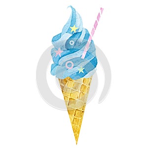 Watercolor soft ice cream in waffle cone. Summer party blue dessert