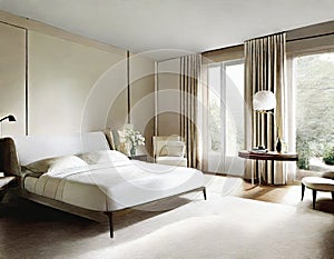 Watercolor of Sophisticated and contemporary bedroom with refined