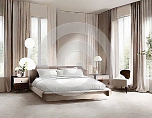 Watercolor of Sophisticated and contemporary bedroom with refined