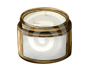 Watercolor soy scented candle with three wicks in brown ceramic jar. Aromatherapy relaxation illustration on white