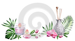 Watercolor SPA background. Refresher with orchid flowers, tropical leaves, aroma candles. Horizontal banner with place