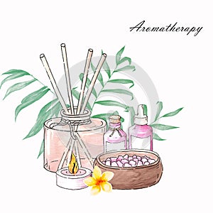 Watercolor spa collection. Poster of bottle, jar, candle and salt.  Aromatherapy