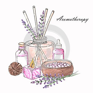 Watercolor spa collection. Poster of bottle, jar, candle and salt.  Aromatherapy