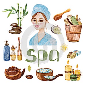 Watercolor SPA illustration handmade. Design for cosmetics shop.