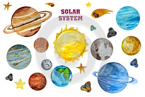 Watercolor Space Clipart, Solar System Planets, Space Earth Moon Jupiter Pluto. Watercolor set of Universe