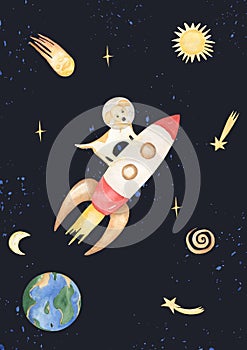 Watercolor space elements: stars, planet, astronaut, spaceship, dog, earth illustration. Planets of the Solar System poster set.