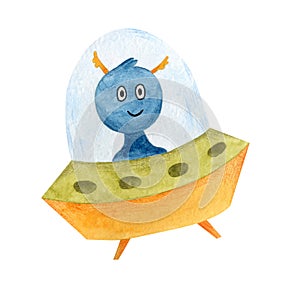 Watercolor space flying saucer with blue alien.