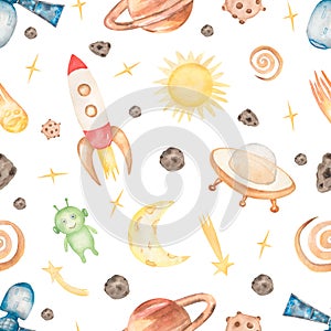 Watercolor Space seamless Paper, Planets, Star, Moon, Astronaut paper, Aliens Ship, Robots, repeat pattern for fabric, Boy