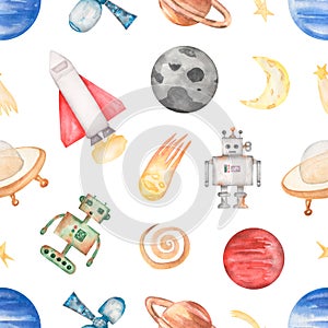 Watercolor Space seamless Paper, Planets, Star, Moon, Astronaut paper, Aliens Ship, Robots, repeat pattern for fabric, Boy