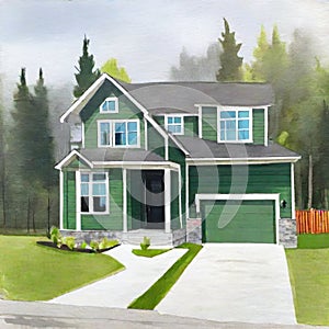 Watercolor of Spacious Front Yard and Double Modern New Construction House with Green Siding and Natural Stone