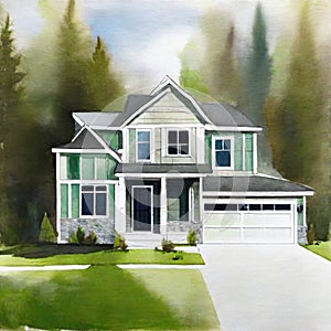 Watercolor of Spacious Front Yard and Double Modern New Construction House with Green Siding and Natural Stone