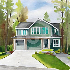 Watercolor of Spacious Front Yard and Double Modern New Construction House with Green Siding and Natural Stone