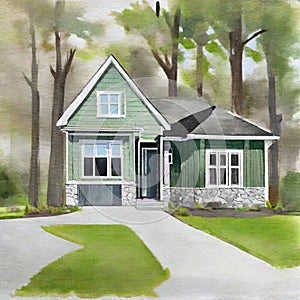 Watercolor of Spacious Front Yard and Double Modern New Construction House with Green Siding and Natural Stone