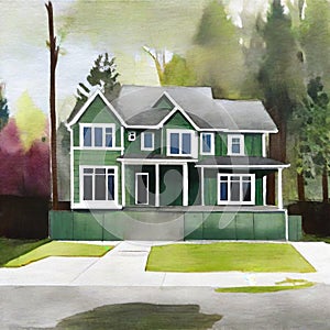 Watercolor of Spacious Front Yard and Double Modern New Construction House with Green Siding and Natural Stone