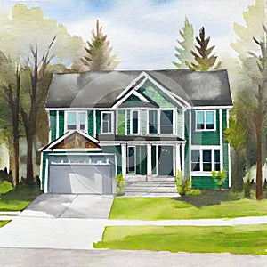 Watercolor of Spacious Front Yard and Double Modern New Construction House with Green Siding and Natural Stone