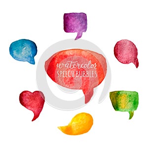 Watercolor speech bubbles set. Colorful watercolor textures with brush strokes. Bright bubbles isolated on white background. Hand