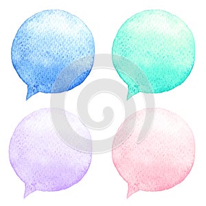 Watercolor speech bubbles set. Hand-drawn illustration. Social media icons.