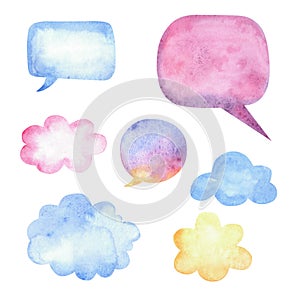 Watercolor speech bubbles with stains and paper texture