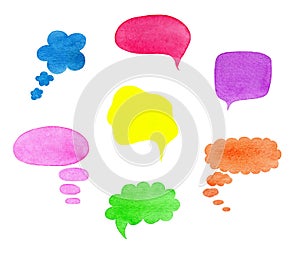Watercolor speech, dialog, thought clouds, bubbles and other shas photo