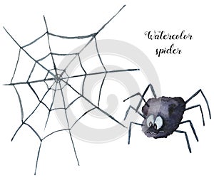 Watercolor spider. Hand painted helloween illustration isolated on white background. Magic character with web for desig