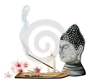 Watercolor spiritual Buddha statue and burning aroma stick with candle and pink flowers for relaxation, meditation