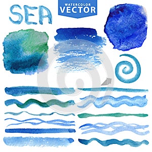 Watercolor splash,brushes,waves.Blue ocean,sea.Summer set
