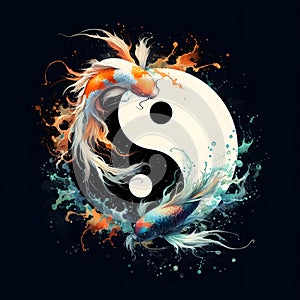 watercolor of splash dancing of the Yin Yang Koi on the surface of the water.