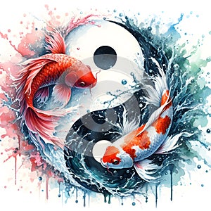 watercolor of splash dancing of the Yin Yang Koi on the surface of the water.