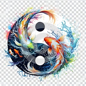 watercolor of splash dancing of the Yin Yang Koi on the surface of the water.