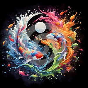 watercolor of splash dancing of the Yin Yang Koi on the surface of the water.