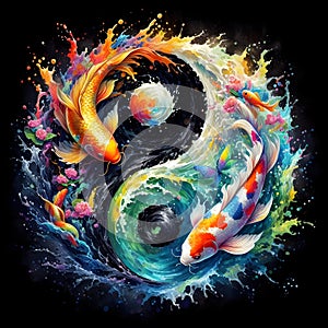 watercolor of splash dancing of the Yin Yang Koi on the surface of the water.