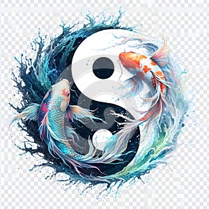 watercolor of splash dancing of the Yin Yang Koi on the surface of the water.