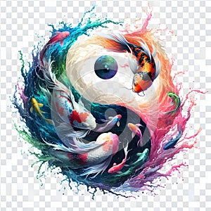 watercolor of splash dancing of the Yin Yang Koi on the surface of the water.