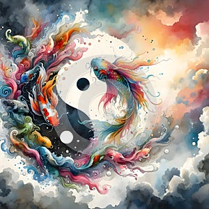 watercolor of splash dancing of the Yin Yang Koi on the surface of the water.