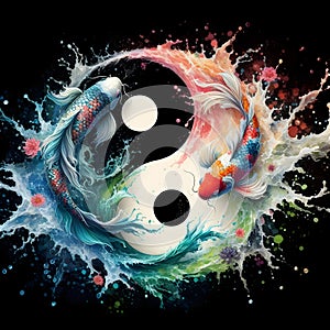 watercolor of splash dancing of the Yin Yang Koi on the surface of the water.