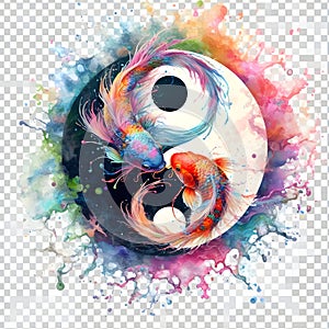 watercolor of splash dancing of the Yin Yang Koi on the surface of the water.