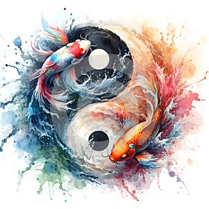 watercolor of splash dancing of the Yin Yang Koi on the surface of the water.